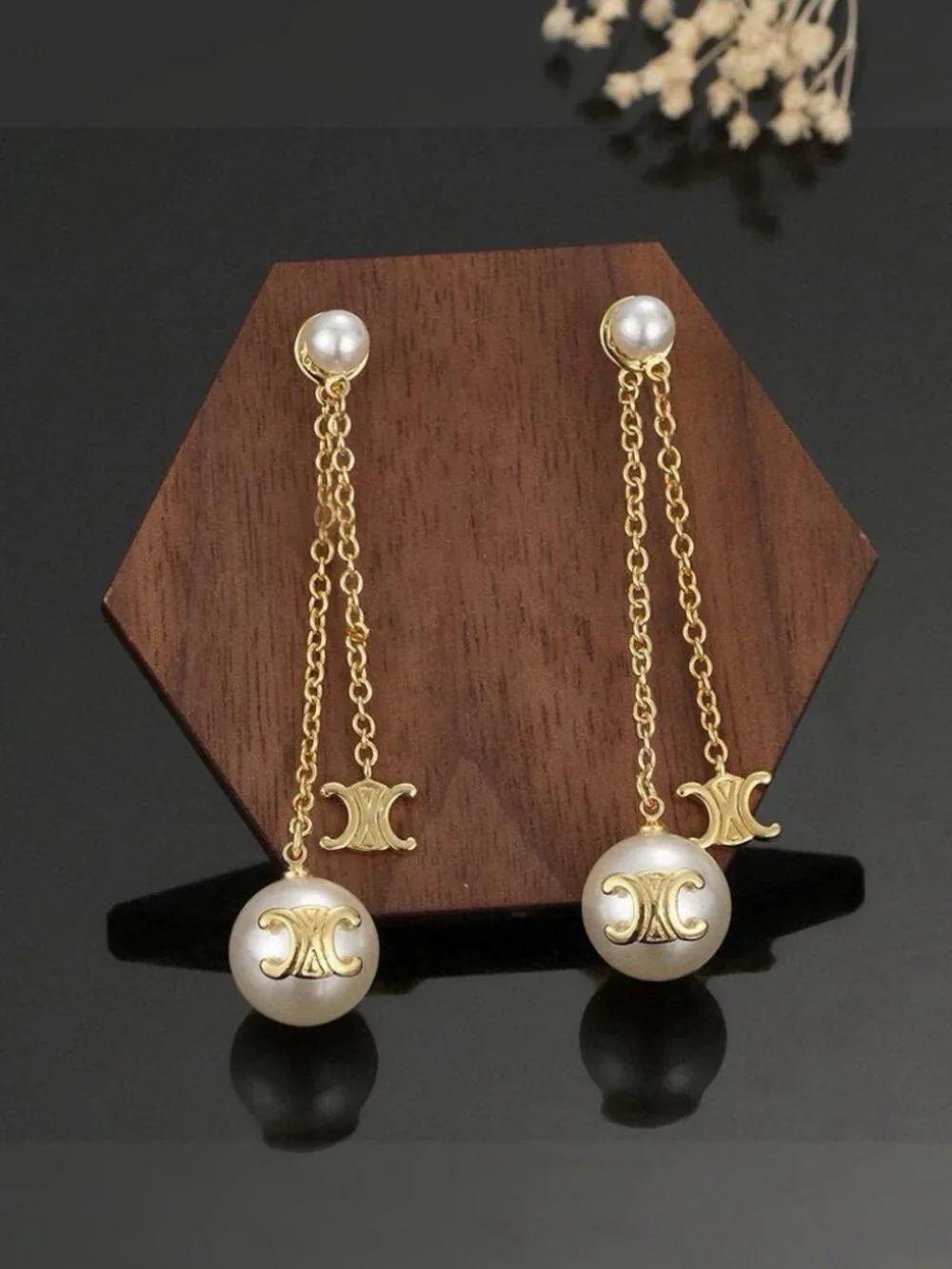 ✨A woman's Celine- Gold-Tone and Pearl Double DropEarrings ✨ - Picture 2 of 5